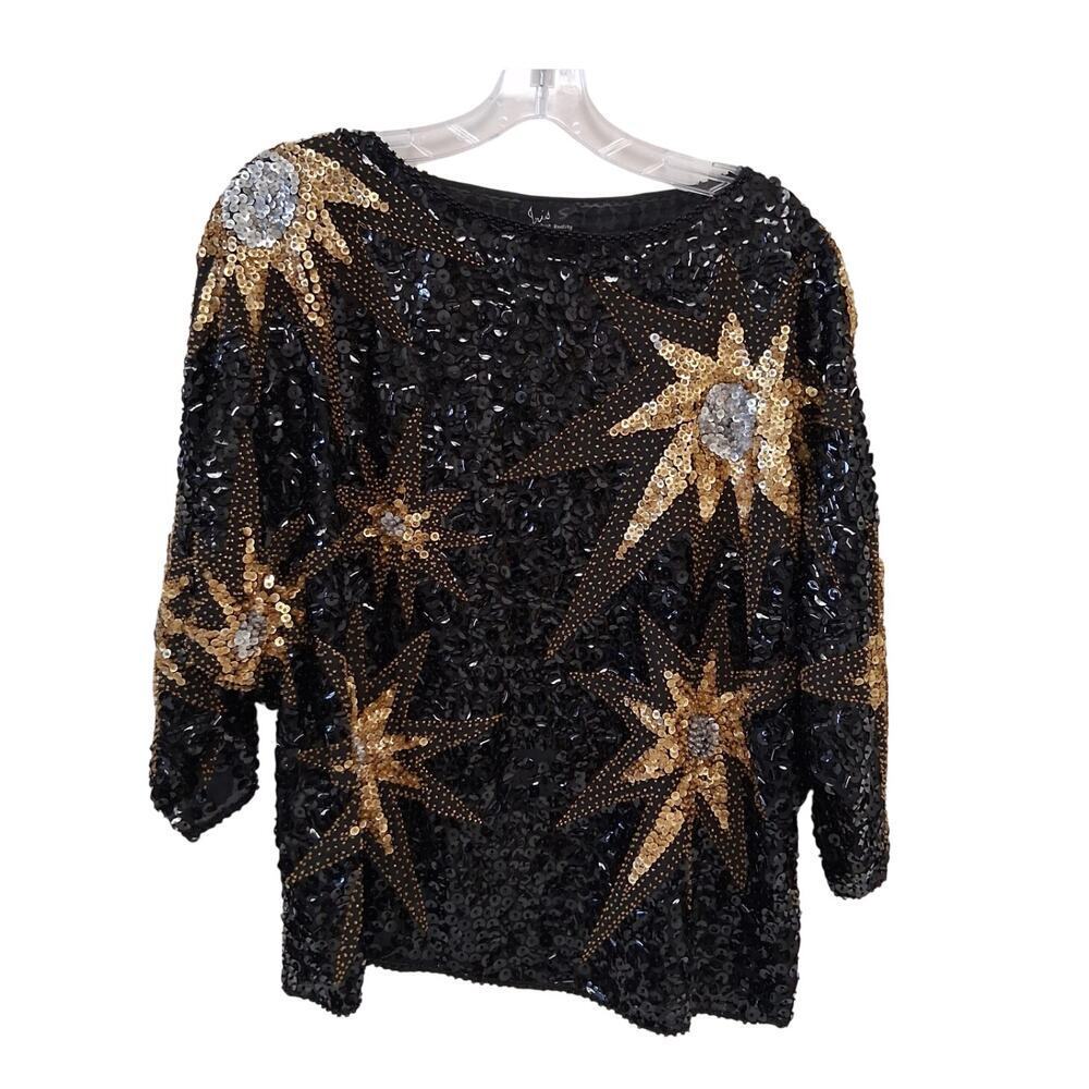 Vintage IRIS Black Gold Sequin Star Party Top Size S
